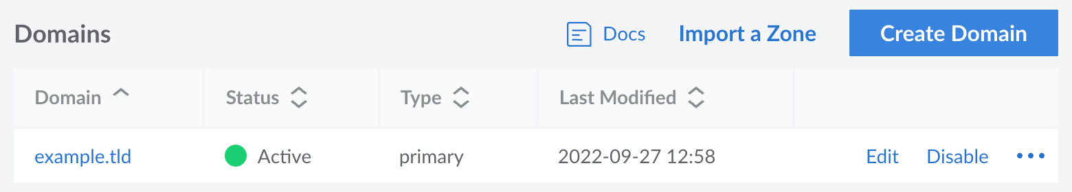 Screenshot of the Domains listing page in Cloud Manager Screenshot of the Domains listing page in Cloud Manager