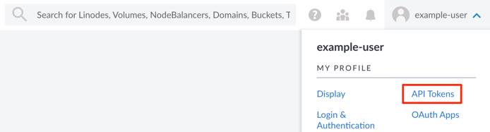 Screenshot of the user dropdown menu with the API Tokens link selected Screenshot of the user dropdown menu with the API Tokens link selected