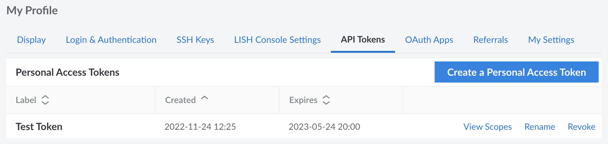 Screenshot of personal access tokens in Cloud Manager Screenshot of personal access tokens in Cloud Manager