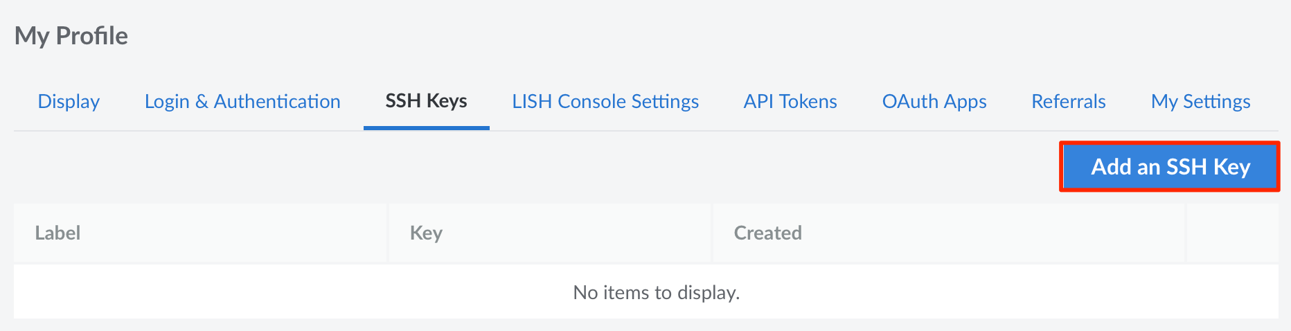 The SSH Keys tab with the Add an SSH Key button highlighted. The SSH Keys tab with the Add an SSH Key button highlighted.
