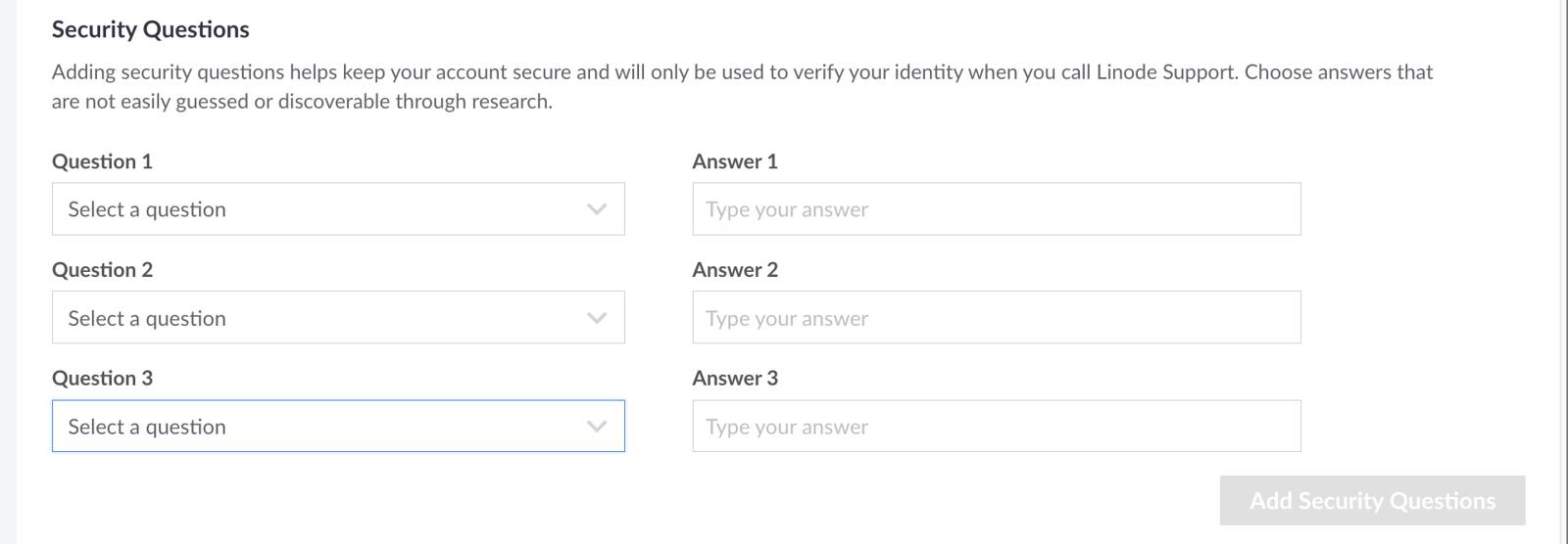Screenshot of the Security Questions in Cloud Manager Screenshot of the Security Questions in Cloud Manager