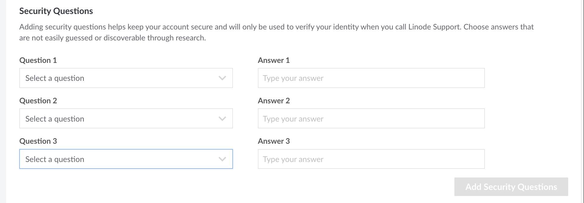 Screenshot of the Security Questions in Cloud Manager Screenshot of the Security Questions in Cloud Manager