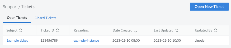 Screenshot of the Support Tickets page in Cloud Manager Screenshot of the Support Tickets page in Cloud Manager